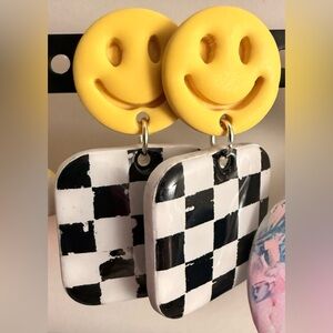 Yellow Smiley Face and Checkered Earrings  Polymer Clay & Resin Handmade